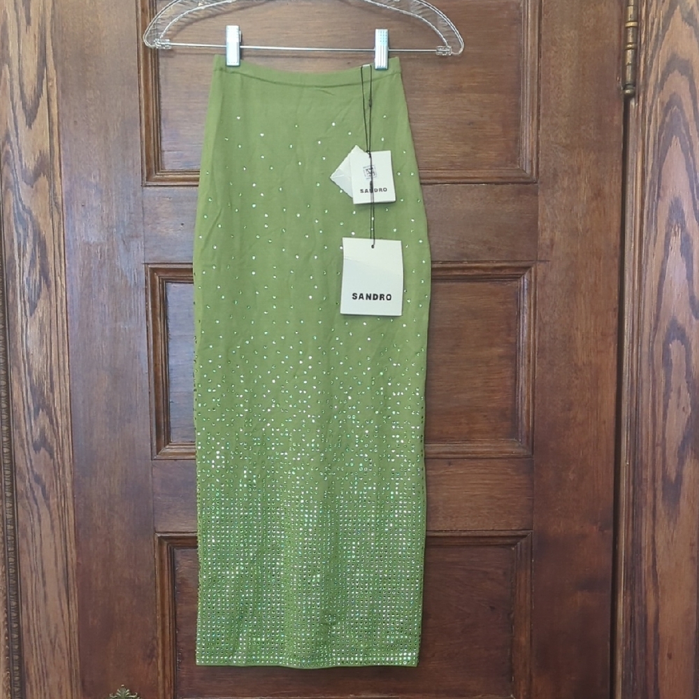 NWT Sandro Skirt - Green Metallic Sparkly Midi Skirt - Size Small (34)